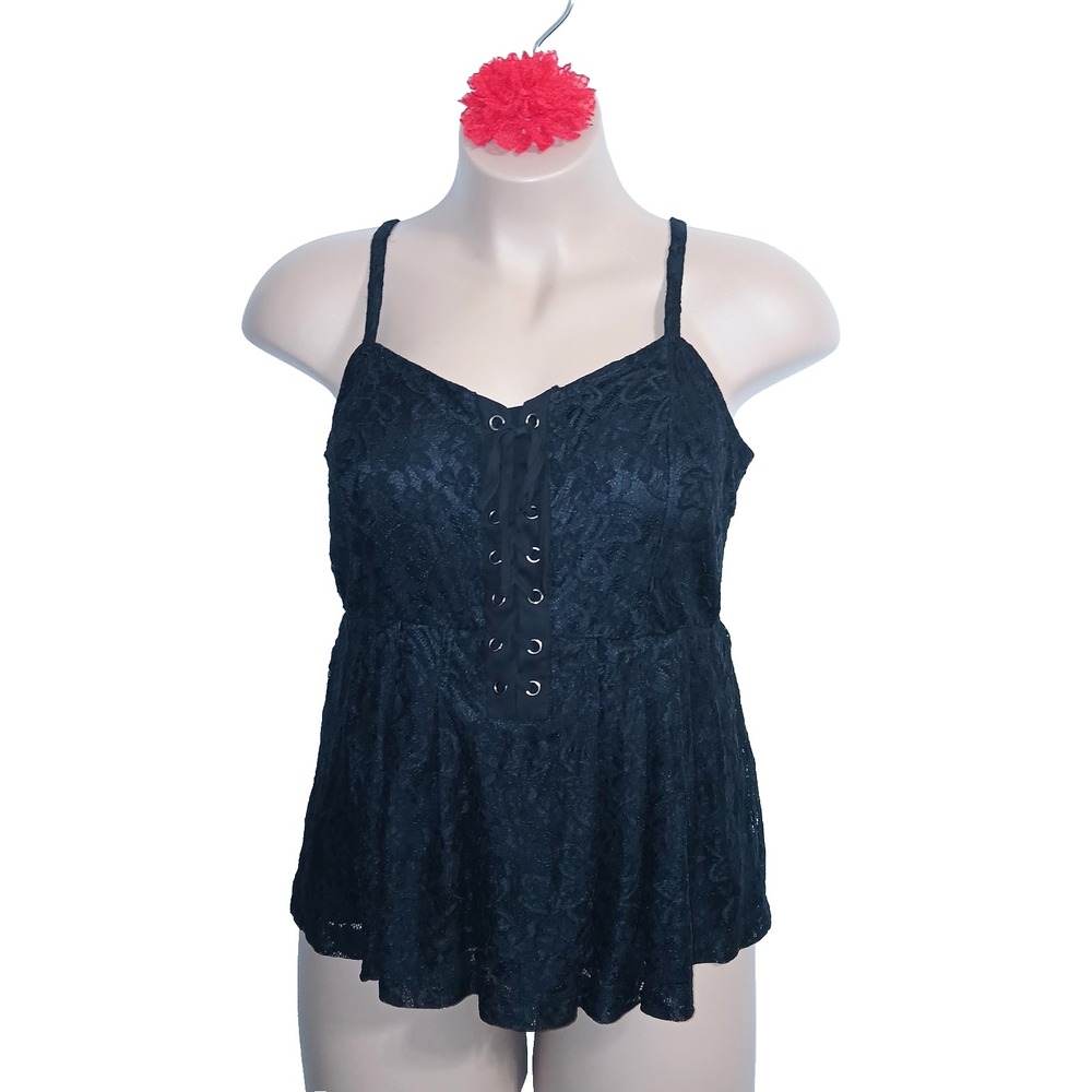 Torrid Peplum Lace Corset Top 0X Black Smocking Floral Coquette Renaissance Tie